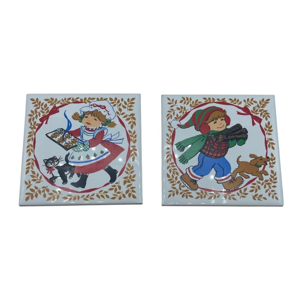 Vintage Jasco Taiwan Ceramic Tile Trivet Set of 2 Christmas Boy Girl Baking